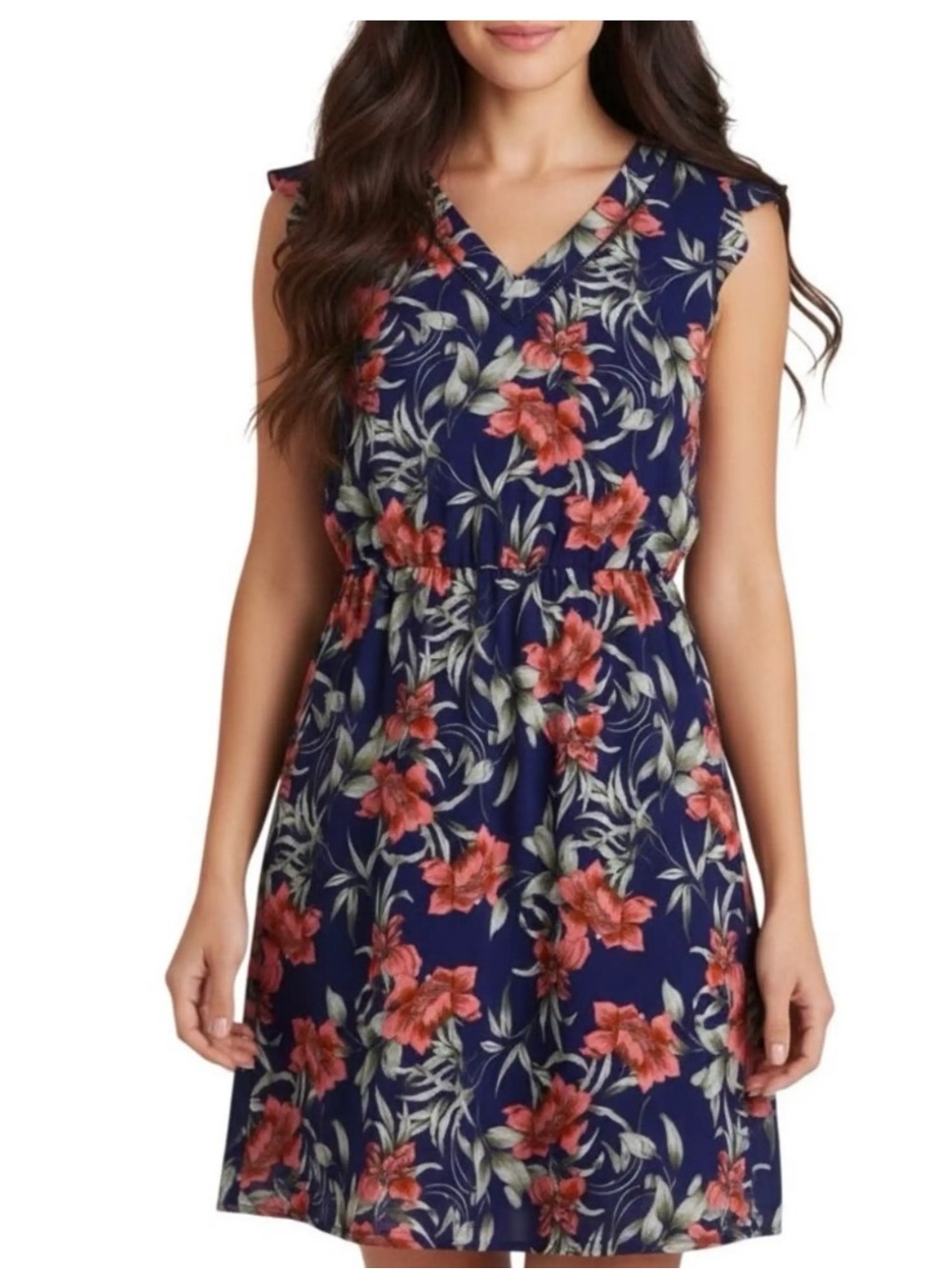 41 Hawthorn Floral Scallop Detail Navy Dress with Coral Blooms size small new